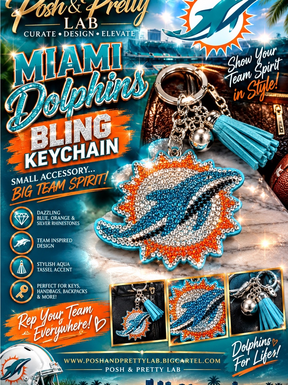 Miami Dolphins Bling Keychain with Aqua Tassel -